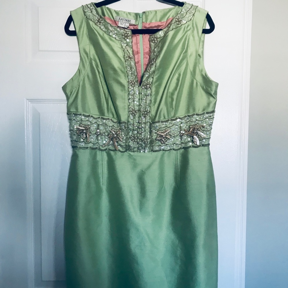 Kay Unger Satin Green Beaded Dress